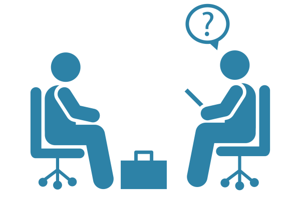 Two people sitting across from each other in office chairs with a brief case in between them. One of the people has a speech bubble above their head with a question mark in it.