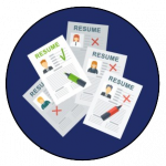 Five resumes stacked on top of each other. Four of the resumes are marked with red "x"s. One of them is marked with a green checkmark.